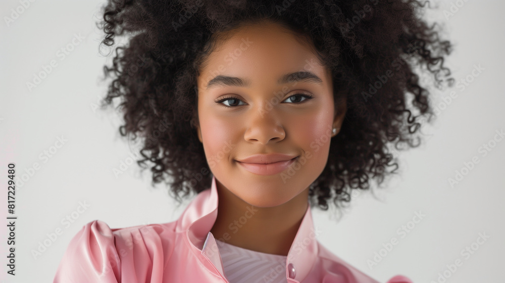 Jovem mulher negra com cabelos black power, posando em fundo branco coum roupas da moda cor rosa Jovem mulher negra com cabelos black power, posando em fundo branco coum roupas da moda cor rosa