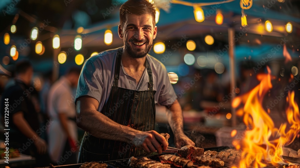 man frying meat on barbecue grill outdoors man frying meat on barbecue grill outdoors