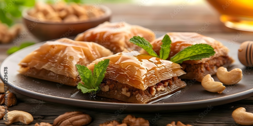 Delectable Baklava with Hazelnut, Walnut, Honey, Cashews, and Mint Garnish. Concept Baklava Recipe, Middle Eastern Desserts, Sweet Treats, Nutty Flavors, Mint Garnish Delectable Baklava with Hazelnut, Walnut, Honey, Cashews, and Mint Garnish. Concept Baklava Recipe, Middle Eastern Desserts, Sweet Treats, Nutty Flavors, Mint Garnish