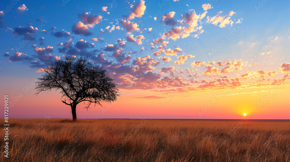 Fototapeta premium tree silhouette at sunset. A lone tree stands in an open field, bathed in the warm hues of a colorful sky as the sun sets..