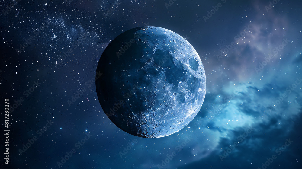 Fototapeta premium close-up of the moon in space. The detailed lunar surface with craters and shadows, set against a backdrop of twinkling stars and cosmic clouds..