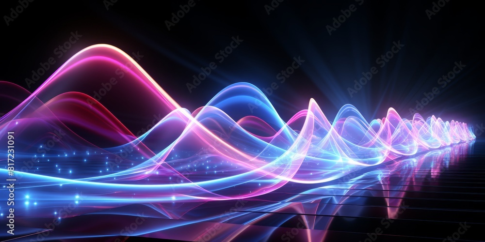 A series of luminous neon waves in shades of purple and electric blue against a dark backdrop create a stunning visual effect. Abstract neon background. High quality illustration A series of luminous neon waves in shades of purple and electric blue against a dark backdrop create a stunning visual effect. Abstract neon background. High quality illustration