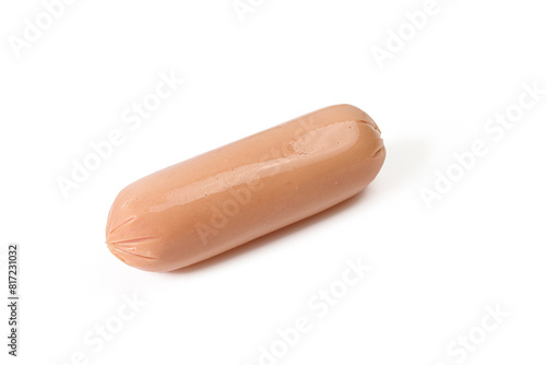 One raw uncooked chicken meat hot dog weenie isolated on white background photo