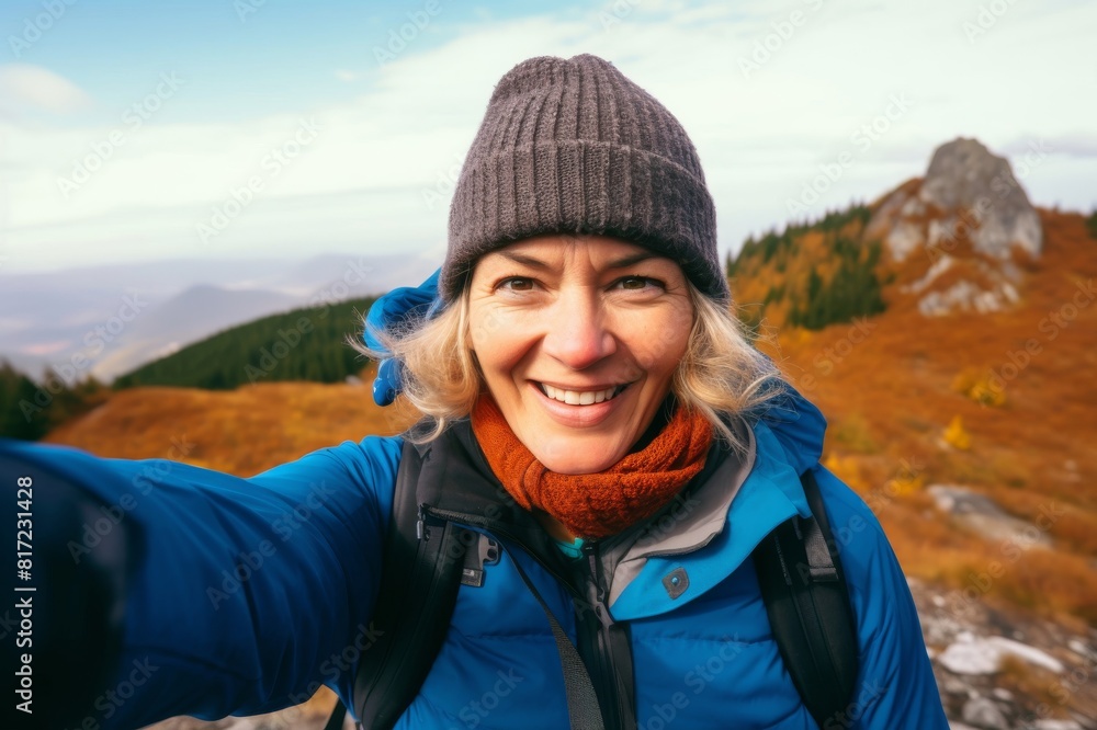 Smiling mid age woman takes a selfie during an autumn hike in the mountains Smiling mid age woman takes a selfie during an autumn hike in the mountains