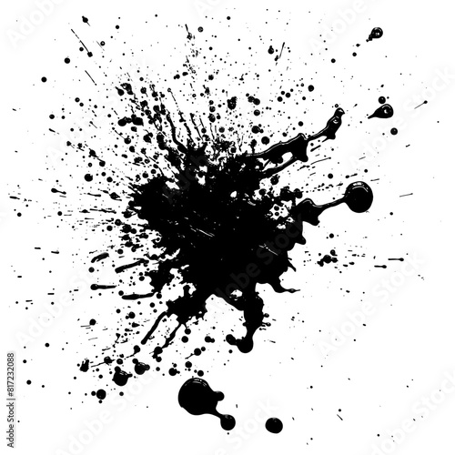 Abstract black ink splatter on white background, dynamic droplets