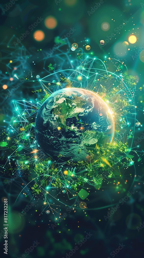 A surreal and playful image capturing the essence of global online networks and internet protection The Earth is depicted as a vibrant sphere surrounded by digital nodes representi A surreal and playful image capturing the essence of global online networks and internet protection The Earth is depicted as a vibrant sphere surrounded by digital nodes representi