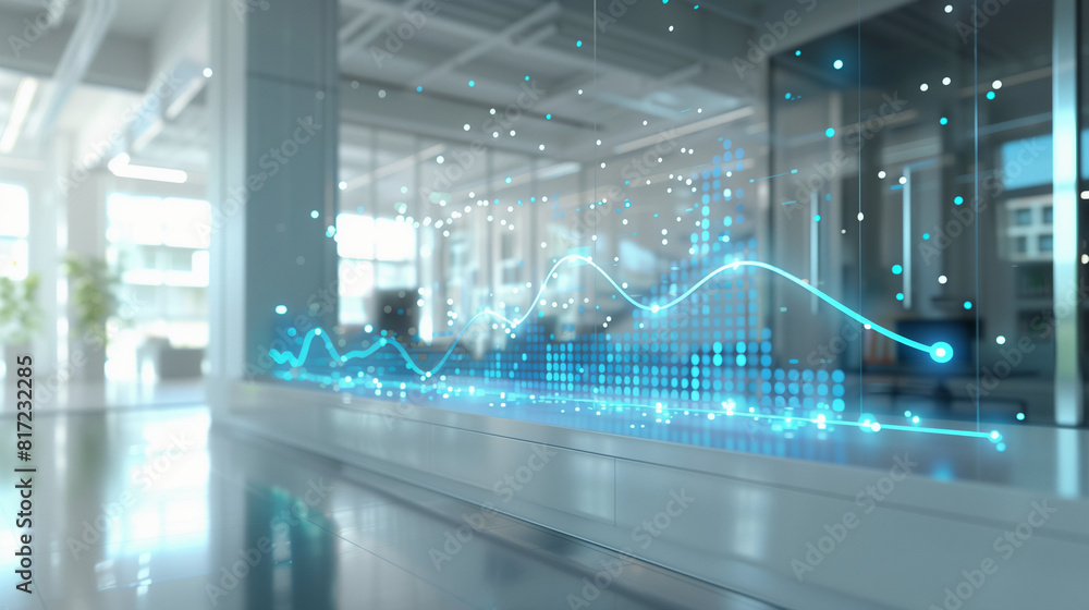 Large office space with a blue background with financial chart overlay Large office space with a blue background with financial chart overlay