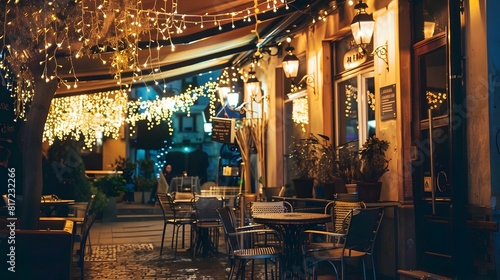 A cozy café with outdoor seating and twinkle lights overhead
