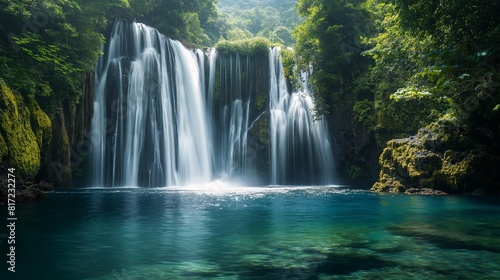 A cascading waterfall hidden within a lush jungle, the water sparkling as it plunges into a crystal-clear pool below. 32k, full ultra HD, high resolution © Mustafa