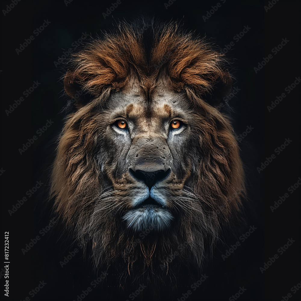 Fototapeta premium A lion with a long mane and a golden eye stares at the camera
