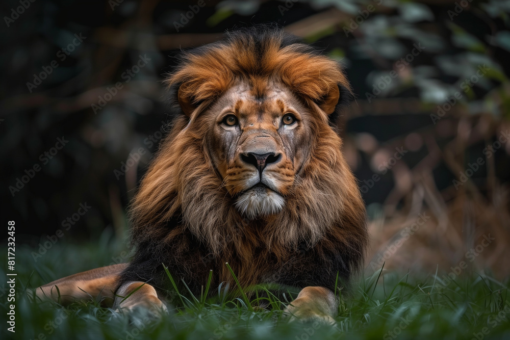 Fototapeta premium A lion is laying down in the grass