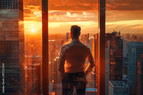 Contemplative Businessman Overlooking City Skyline at Sunset - Corporate Ambition and Future Planning