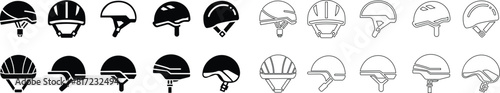 Motorcycle helmet vector icon set. Racing team helmet, Construction helmet, motorcycle helmet, hard hat black line and flat collection for web design isolated on transparent background.