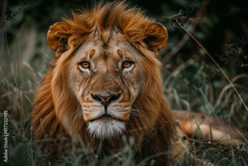 A lion is laying down in the grass © Visual Craft