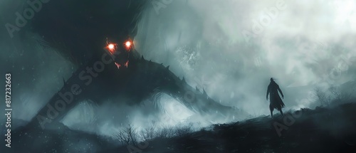 Artistic depiction of a demonic creature emerging from the darkness, eyes glowing red with malice, set in a hauntingly foggy landscape photo