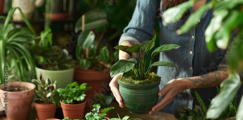 a woman holding a plant in a pot