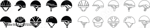 Motorcycle helmet vector icon set. Racing team helmet, Construction helmet, motorcycle helmet, hard hat black line and flat collection for web design isolated on transparent background.