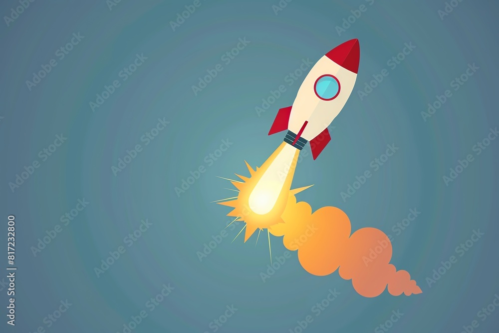 A cartoon rocket ship is blasting off into space. The rocket is red and white with a yellow flame. A cartoon rocket ship is blasting off into space. The rocket is red and white with a yellow flame.