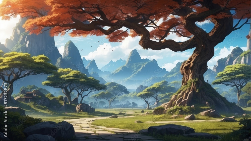Illustration game art, trees in the mountains