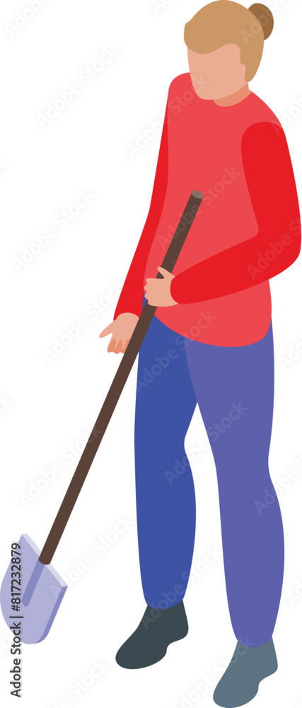 Isometric illustration of a woman standing with a shovel, poised to start digging Isometric illustration of a woman standing with a shovel, poised to start digging