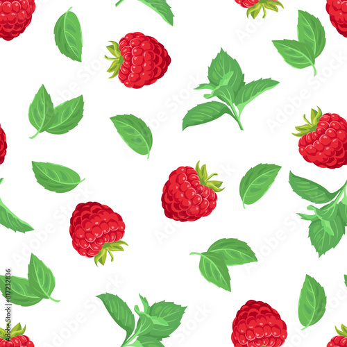Raspberry and mint seamless pattern. Vector cartoon illustration. Background with red berries and green mint leaves.