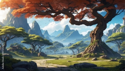 Illustration game art  trees in the mountains