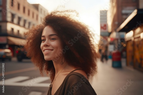 smiling woman looking crossing street © alisaaa