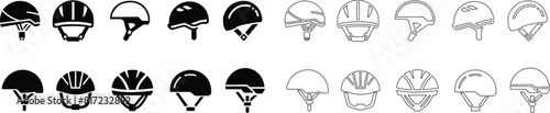 Motorcycle helmet vector icon set. Racing team helmet, Construction helmet, motorcycle helmet, hard hat black line and flat collection for web design isolated on transparent background.