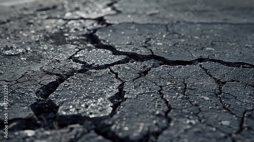 cracked asphalt with a cracked painted road mark