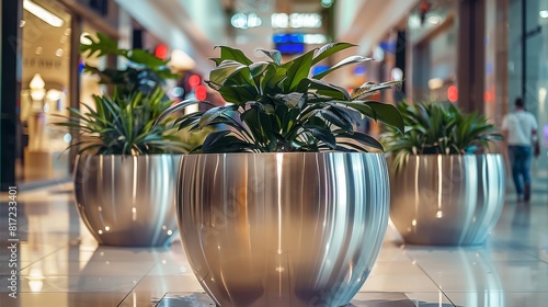 Stainless steel planters in a shopping mall, round stainless planter with plants inside. Generative AI.