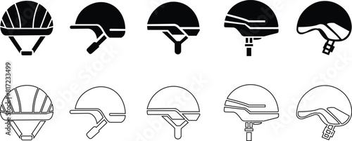 Motorcycle helmet vector icon set. Racing team helmet, Construction helmet, motorcycle helmet, hard hat black line and flat collection for web design isolated on transparent background.