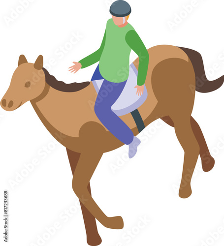 Isometric vector graphic of a person riding a brown horse, suitable for equestrian themes