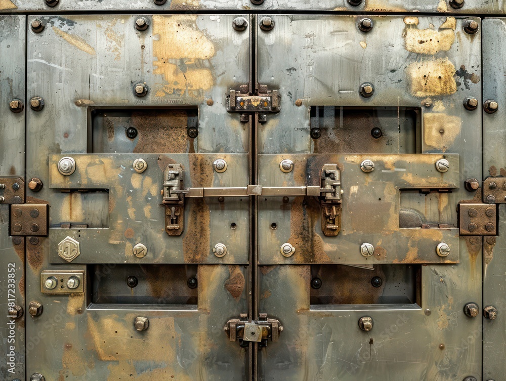 rusty mechanical bank vault, white background