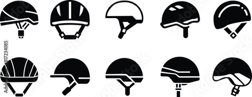 Motorcycle helmet vector icon set. Racing team helmet, Construction helmet, motorcycle helmet, hard hat black flat collection for web design isolated on transparent background.