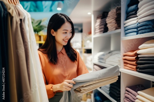 Smiling young Asian woman shopping for home decor and necessities in a homeware store, choosing for a blanket on a shelf photo