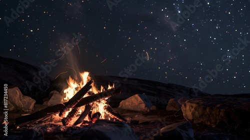 A cozy campfire crackling under a starry night sky