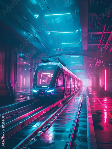A high-speed train races through a neon-lit tunnel