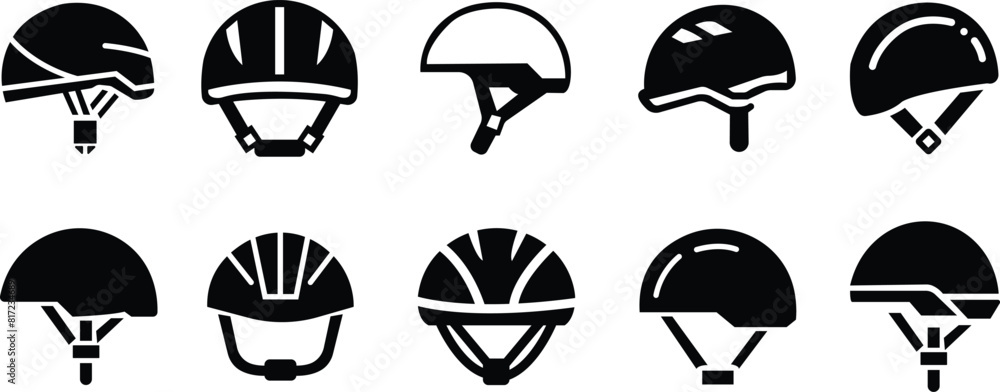 Motorcycle helmet vector icon set. Racing team helmet, Construction helmet, motorcycle helmet, hard hat black flat collection for web design isolated on transparent background.