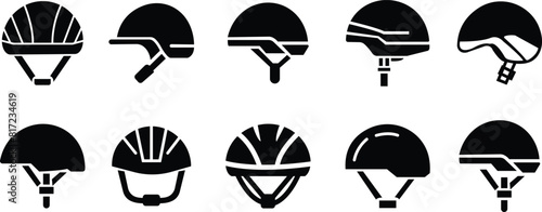 Motorcycle helmet vector icon set. Racing team helmet, Construction helmet, motorcycle helmet, hard hat black flat collection for web design isolated on transparent background.