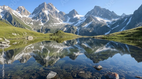 A serene alpine lake nestled among snow-capped peaks, with mirror-like waters reflecting the surrounding mountains and clear blue sky, creating a picture-perfect mountain vista.