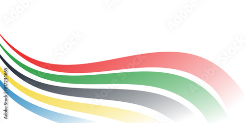 Wallpaper with abstract curved lines in blue, yellow, black, green and red  isolated on a white background. Banner or backdrop with colorful stripes symbol and copy space for text. Olympic Sports