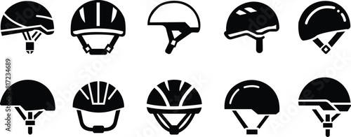 Motorcycle helmet vector icon set. Racing team helmet, Construction helmet, motorcycle helmet, hard hat black flat collection for web design isolated on transparent background.