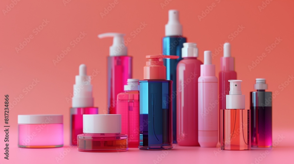 : A vibrant and modern display of various cosmetic bottles, including moisturizer and shampoo, arranged neatly on a pink background in ultra HD. 