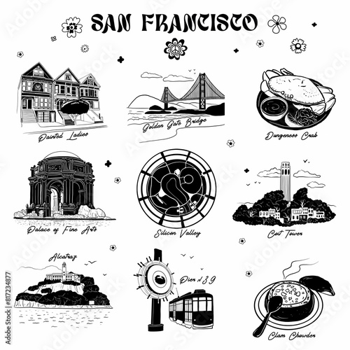 A set of black and white images made using the doodle technique about San Francisco photo