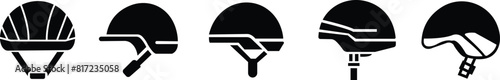 Motorcycle helmet vector icon set. Racing team helmet, Construction helmet, motorcycle helmet, hard hat black flat collection for web design isolated on transparent background.