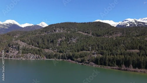 Drone Scenic Shot Of Wavy Freshwater Lake By Forest On Mountains On Sunny Day