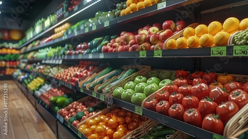 Produce aisle of a grocery store. depth of field. Generative AI. © visoot