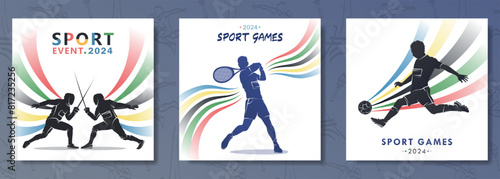 Posters for the 2024 sport games championship in Paris with silhouette of male tennis player, two fencers and soccer player with Olympic colors stripes or colorful wavy rainbow on white background