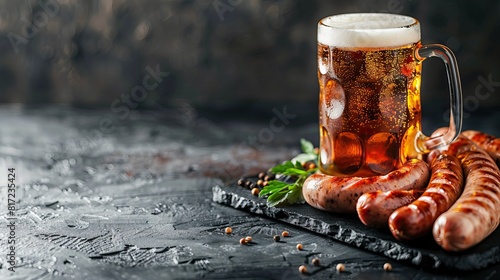 Cold mug of beer with foam and Bavarian sausages. Beer and food concept on dark stone background. Restaurant advertising, menu, banner. photo
