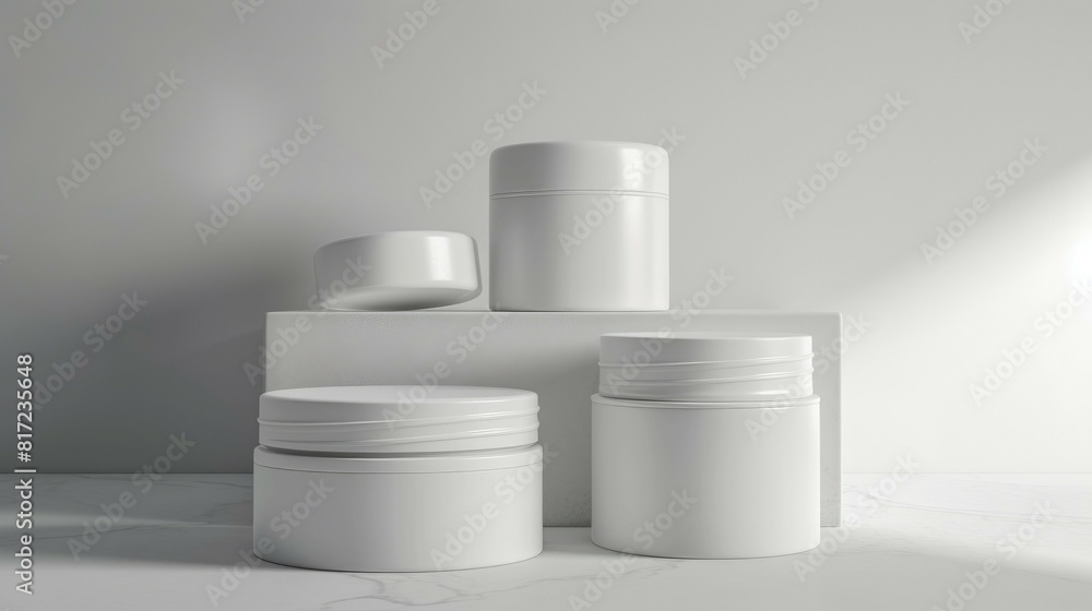 Elegant White Skincare Jars in Minimalist Setting Elegant White Skincare Jars in Minimalist Setting